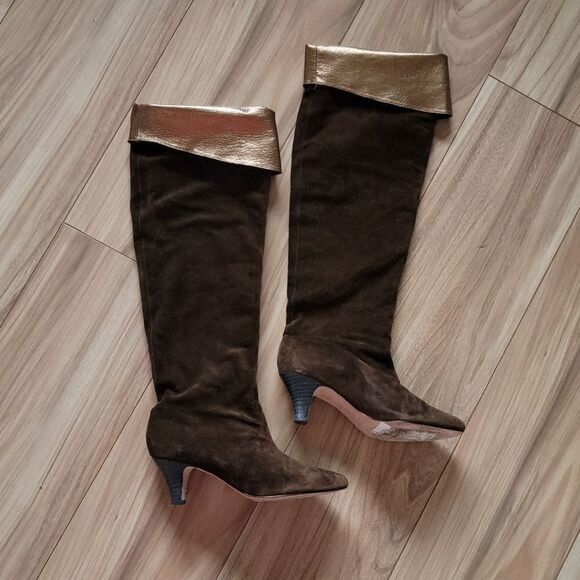 Cynthia Vincent Metallic Suede Leather Over the Knee Boots in Brown & Gold - Picture 2 of 15